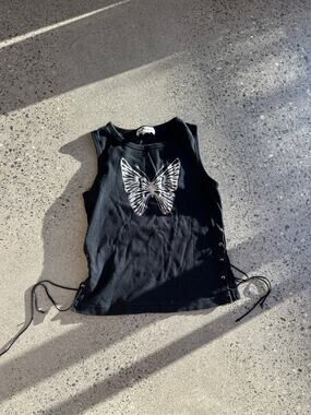 Self Esteem M Tank Top Black Cotton Silver Butterfly Lace Up Y2K Fairy Grunge